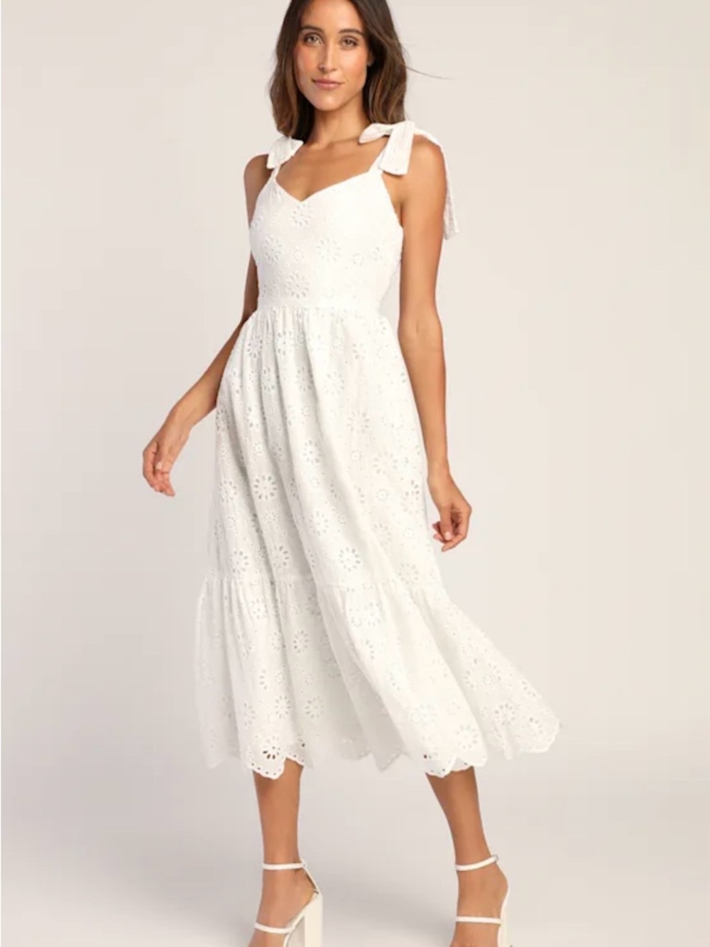 Lulu's White Eyelet Tie-Shoulder Midi Dress
